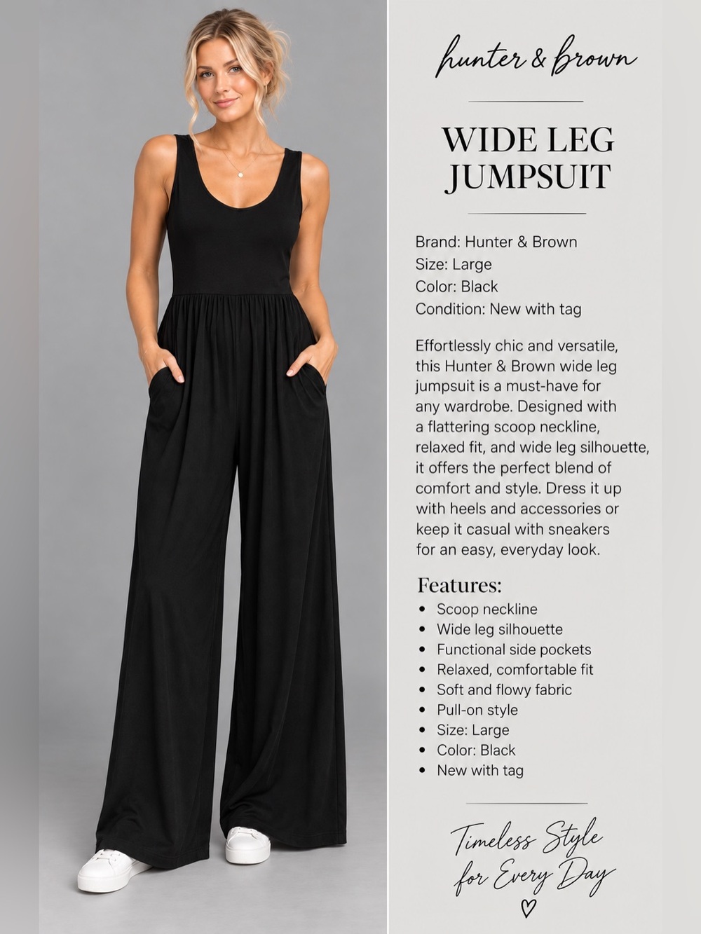 Hunter & Brown Black Wide Leg Jumpsuit Size Large NWT Scoop Neck Pockets